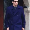 Ashton Kutcher wearing a stylish Ashton Kutcher Blue Peacoat in the 2026 series.
