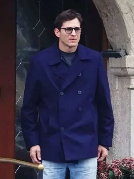 Ashton Kutcher wearing a stylish Ashton Kutcher Blue Peacoat in the 2026 series.