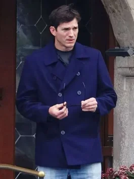 Front view of the Ashton Kutcher Blue Peacoat showing the lapels and buttons.