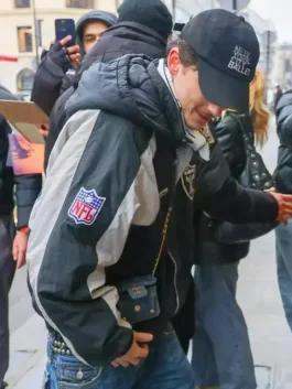 A stylish Timothee Chalamet Raiders Jacket with a classic black and grey contrast.