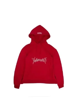 A front view of the vetements red hoodie featuring a large hood and deep kangaroo pocket.
