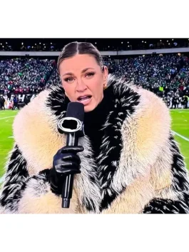 Close up of the thick faux fur on the Erin Andrews jacket today breakout trend.