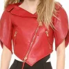 Red Leather Jacket with a unique heart-shaped front and a modern cropped silhouette for a high-status look.