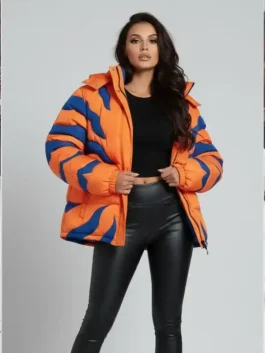 A stylish womens Digimon Greymon Puffer Jacket with a modern and cozy silhouette.