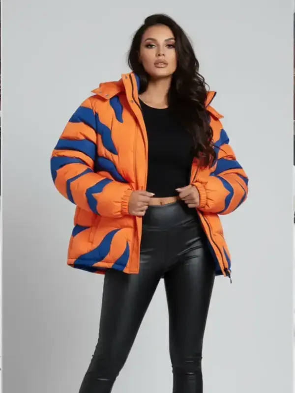 A stylish womens Digimon Greymon Puffer Jacket with a modern and cozy silhouette.