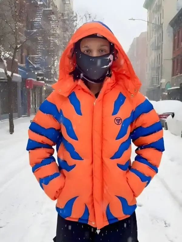 A close up of the womens Digimon Greymon Puffer Jacket showing the thick insulated layers.