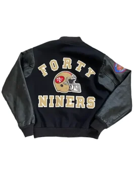 Back view of 80s San Francisco 49ers Letterman Jacket with Niners branding.