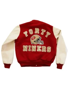 80’s San Francisco 49ers Letterman Jacket red back view with Niners embroidery.