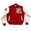 80s San Francisco 49ers Letterman Jacket in red wool and white leather.
