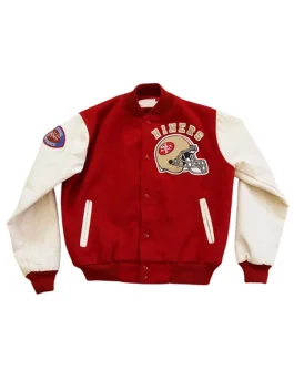 80s San Francisco 49ers Letterman Jacket in red wool and white leather.