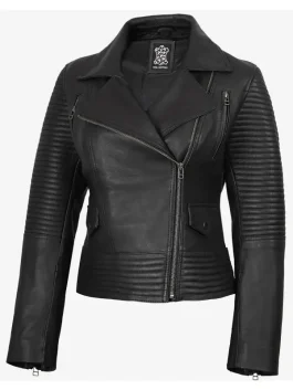 Close-up of snap and zipper pockets on a women's black leather biker jacket.