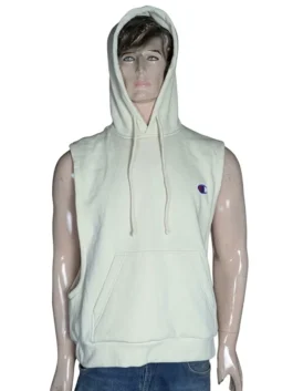 Off-white sleeveless hoodie with ergonomic hooded collar