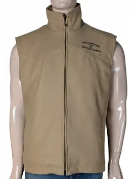 Close-up view of the durable high-performance wool fabric and industrial-grade zipper on the Yellowstone brown vest.