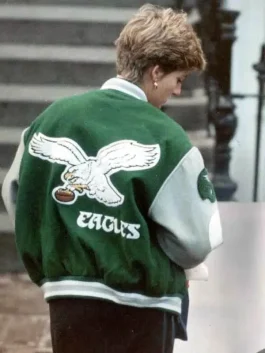 Back view of Princess Diana Philadelphia Eagles bomber jacket featuring large white eagle logo and vintage Eagles embroidery.