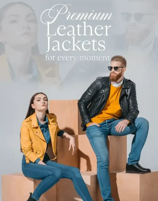 Homepage banner showing men and women wearing premium leather jackets at J4Jackets
