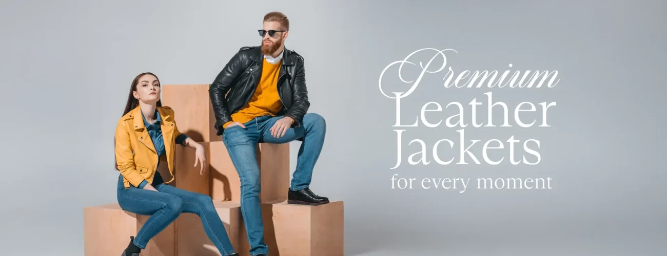 Homepage banner showing men and women wearing premium leather jackets at J4Jackets