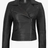 Women's Black Quilted Biker Leather Jacket with lapel collar and asymmetrical zipper closure.