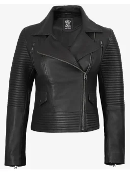 Women's Black Quilted Biker Leather Jacket with lapel collar and asymmetrical zipper closure.