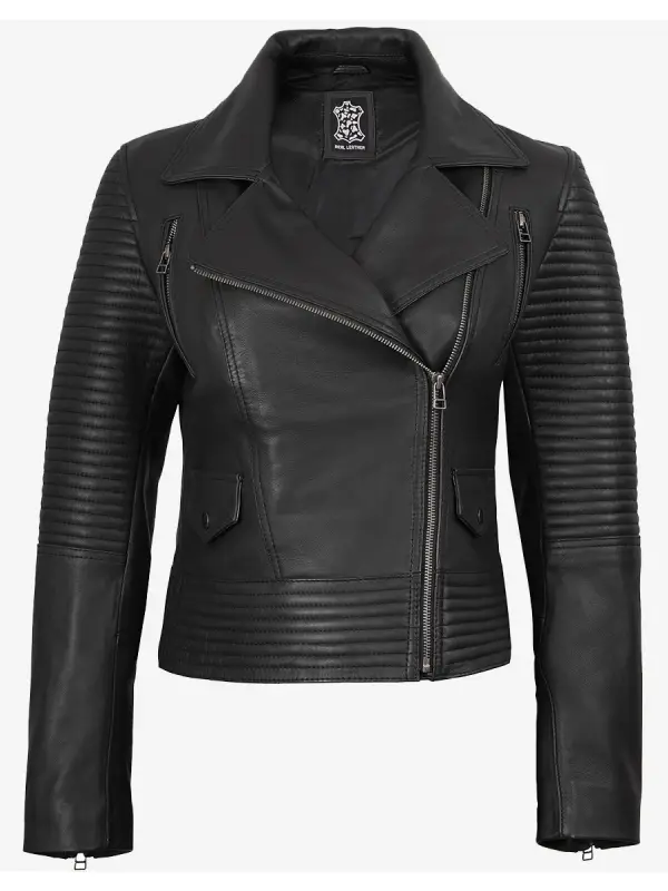 Women's Black Quilted Biker Leather Jacket with lapel collar and asymmetrical zipper closure.
