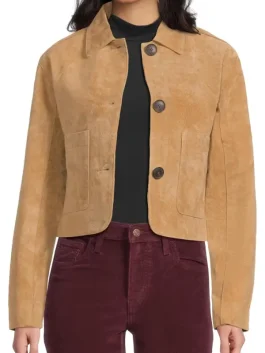 Women's brown suede leather jacket with shirt style collar and front button closure in a cropped fit.