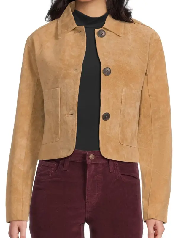 Women's brown suede leather jacket with shirt style collar and front button closure in a cropped fit.