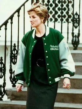 Full-length view of the Princess Diana Philadelphia Eagles green varsity jacket styled with a black skirt and gold accessories.