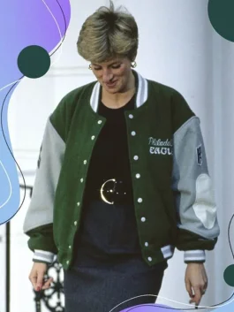 Princess Diana Philadelphia Eagles Jacket in iconic green and grey wool fabric with a classic snap button closure.