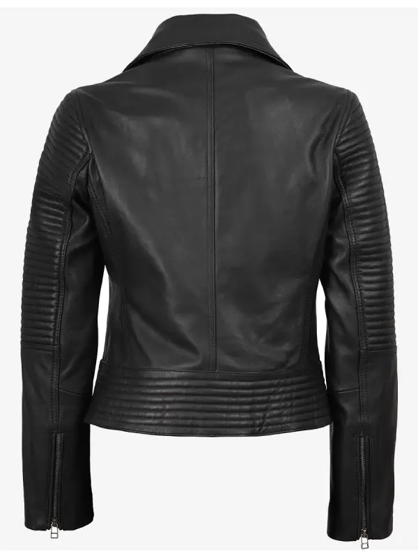 Back view of black leather motorcycle jacket showing horizontal quilted padding on shoulders and lower back.
