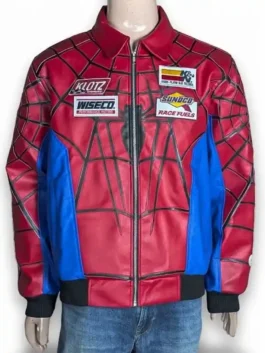 Red and blue leather jacket with web-pattern stitching