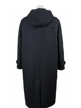 A full-length navy blue toggle coat with large front pockets and an American flag patch on the sleeve.