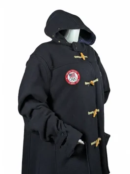 A long navy blue wool duffle coat featuring golden toggle closures, the Team USA Olympic logo, and a Ralph Lauren polo pony.