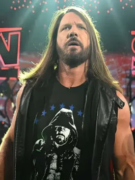 An AJ Styles Black Leather Vest featuring a rugged 2026 Royal Rumble design and sleeveless fit.