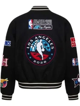 The back view of the All Star 2026 Los Angeles Varsity Jacket showing the large city logo.