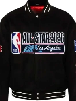 Front view of the All Star 2026 Los Angeles Varsity Jacket with patches and a wool body.