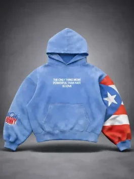 Front view of the Bad Bunny PR Blue Hoodie showing the slogan.