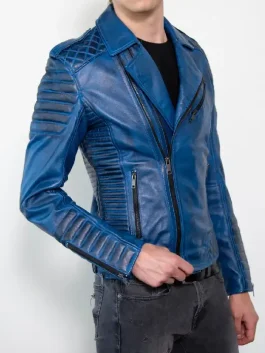 A vibrant Mens Blue Leather Motorcycle Jacket featuring high density grain integrity and a smooth finish.