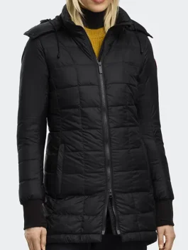 Front view of a Canada Goose Ellison Jacket in a classic black finish with a hood.