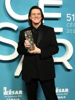 Front profile of the César Award 2026 Jim Carrey Black Suit showing the secure button closure and smooth viscose interior.