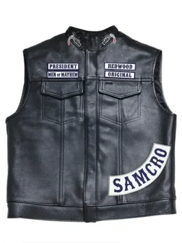 Front view of the Charlie Hunnam Sons of Anarchy Biker Leather Vest with a secure closure and deep pockets.