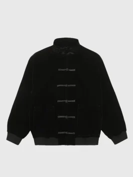 Front view of the CLOT Velvet Black Jacket with traditional toggle button closures and a stand up collar.
