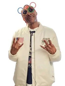 Front view of the Coach Snoop Team USA White Jacket with a rib knitted collar and a clean sporty profile.