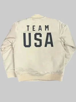 The back view of the Coach Snoop Team USA White Jacket showing the smooth fabric and great quality.