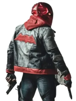 Back view of the Jason Todd red hood jacket showing the clean lines and athletic stitching.