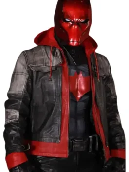 Front view of the Jason Todd red hood jacket with a secure zip closure and detailed collar.