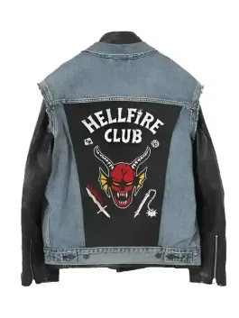 Hellfire Club Eddie Munson Jacket with a layered denim and black leather sleeve design.