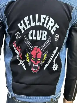The back view of a Hellfire Club Eddie Munson Jacket showing the detailed embroidery and clean seams.