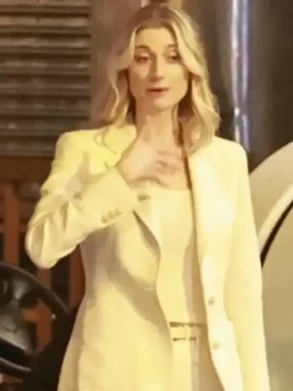 Front view of an Elizabeth Debicki White Blazer featuring a button closure and clean lines.