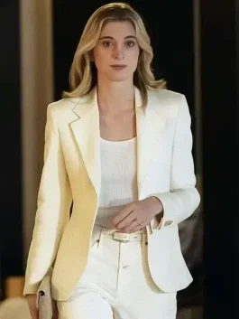 A stylish Elizabeth Debicki White Blazer with structured shoulders and a bright ivory finish.