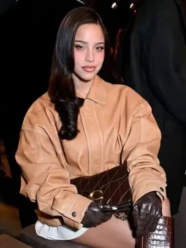 Front view of the Emilia Mernes Brown Leather Jacket featuring a secure button and zipper closure.