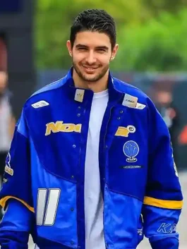 A premium Esteban Ocon Blue Nike Nocta Jacket with a racing design and vibrant multi-tonal blue colorway.